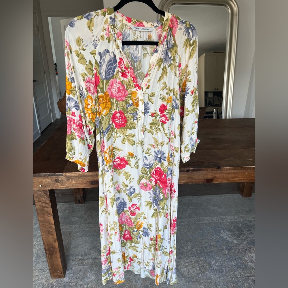 Zara Multicolor Floral Long Sleeve Shirt Dress